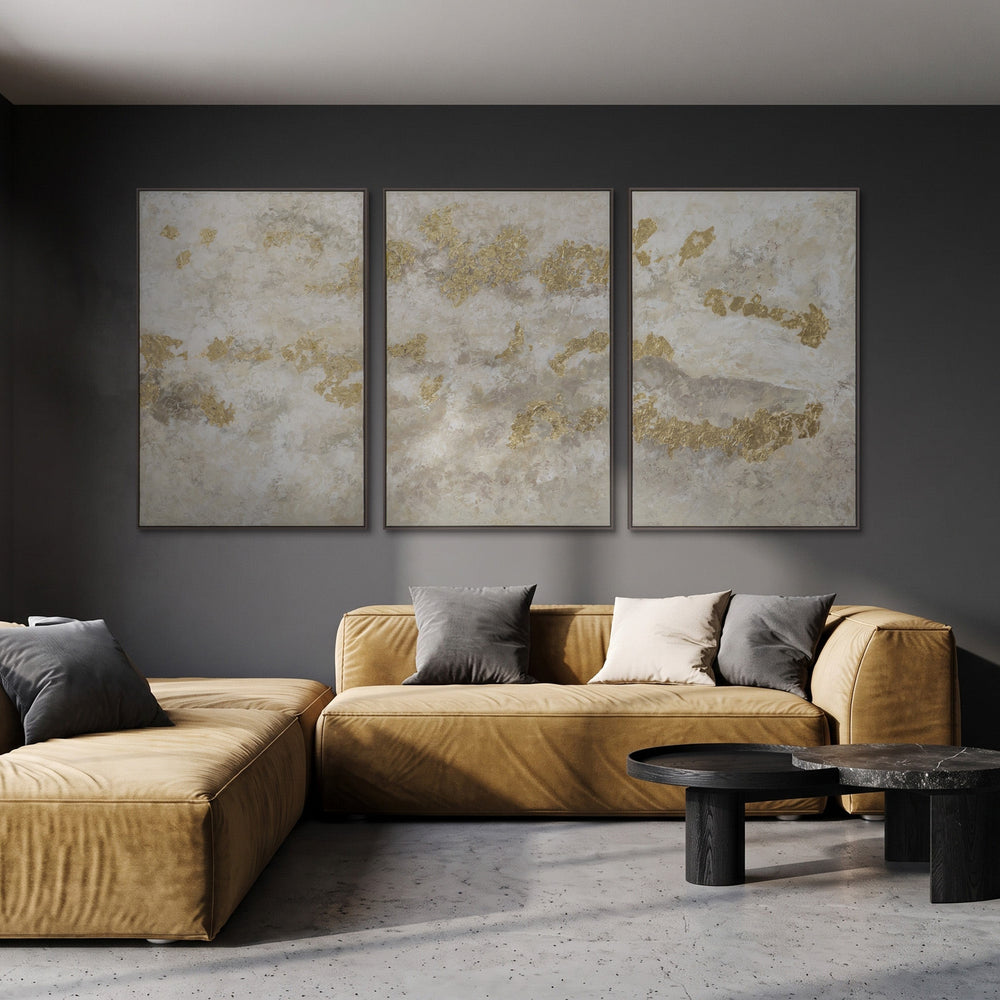 Abstract Wall Art in Cream & Gold – Hand-Painted 3 Piece Canvas "Golden Haze"