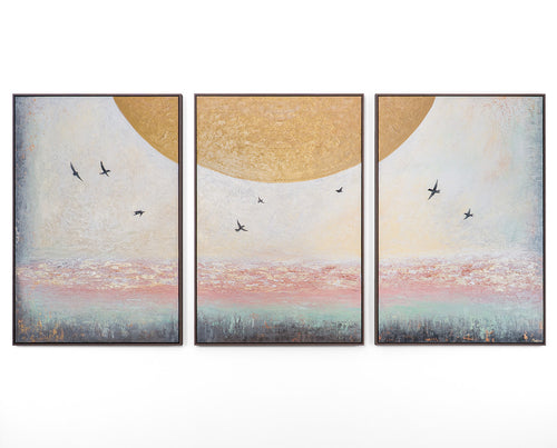 „Sonnenenergie“ – dreiteiliges Wandbild mit goldener Sonne und Vögeln