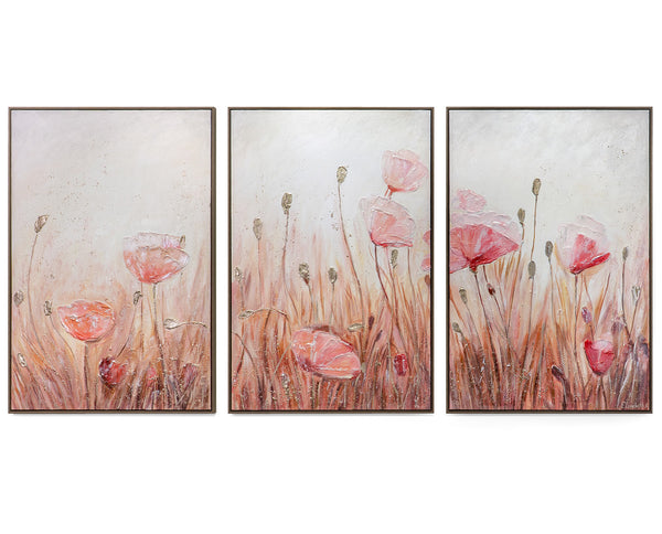 Floral Wall Art in Pink & Beige – Hand-Painted 3 Piece Canvas "Pink Poppy Meadow"