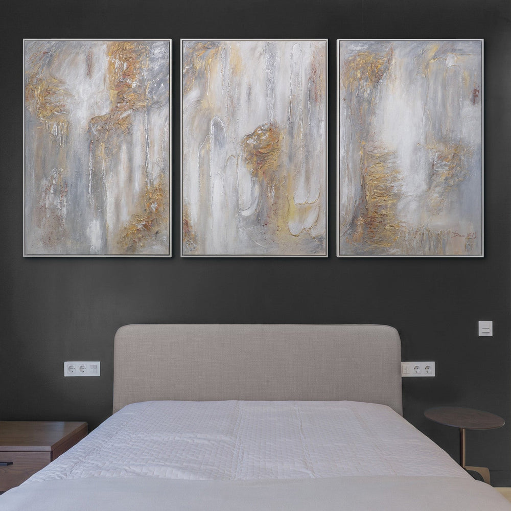 Abstract Wall Art in White, Grey & Gold – Hand-Painted 3 Piece Canvas "Gilded Rain"
