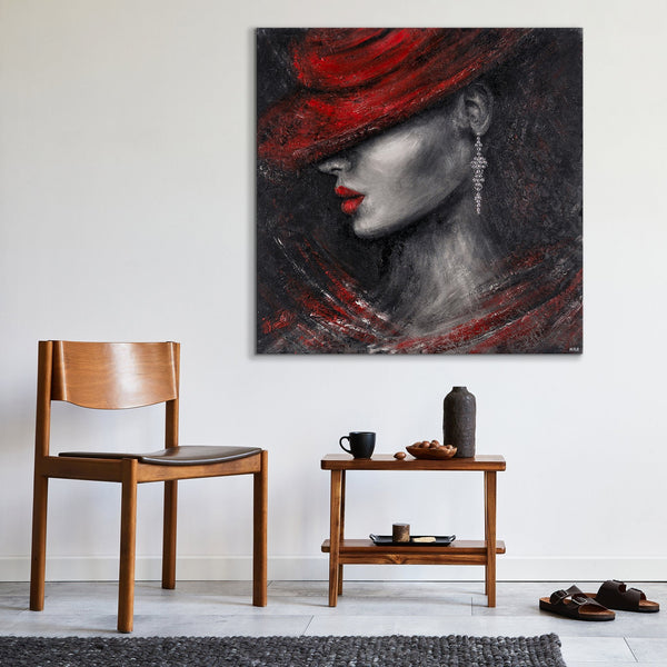 Hand-painted portrait art on canvas with red accents "Style"