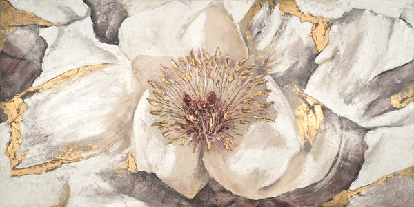 Handgemaltes Blumenbild Acryl Relief Gold Beige