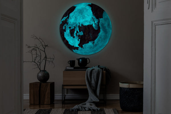 Space wall art - glow in the dark round canvas art "Golden Earth"