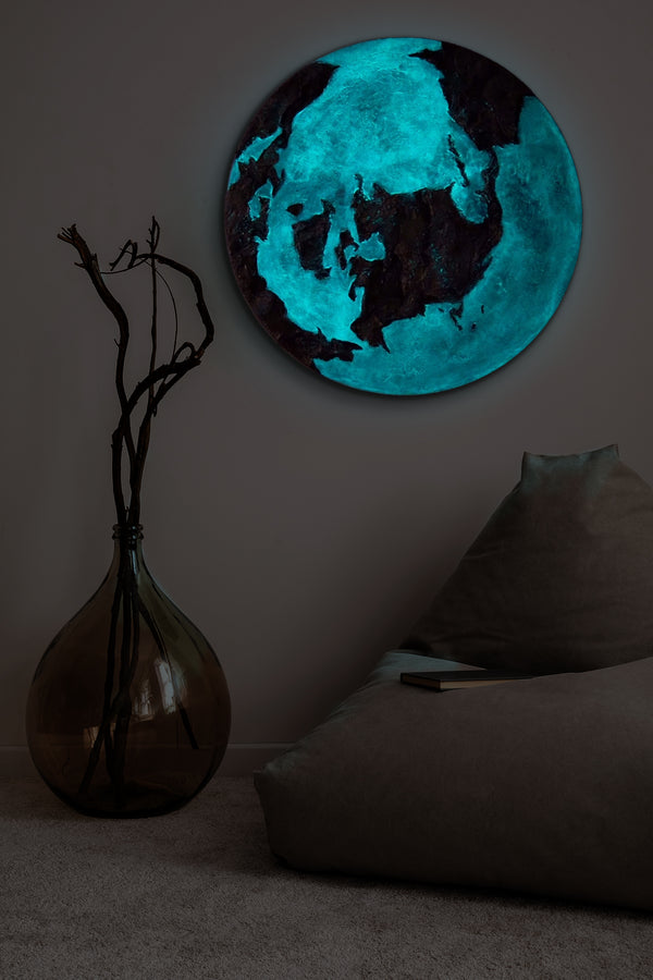 Space wall art - glow in the dark round canvas art "Golden Earth"