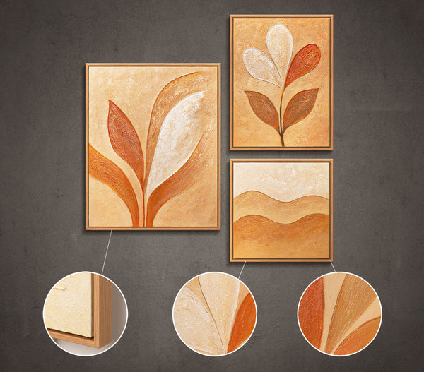 Hand-Painted Set of 3 Wall Art "Whisper of Leaves"