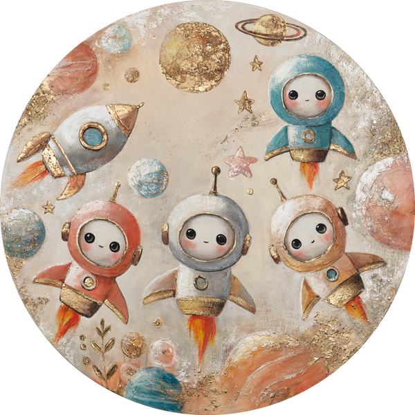 Space Wall Art for Kids – Round Canvas Painting "Baby Astronauts", Handmade Acrylic