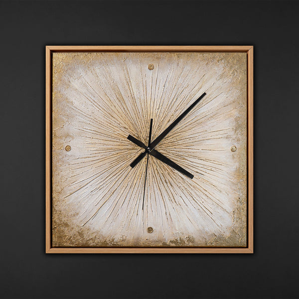 Unique Hand-Painted Wall Clock – Gold Sunburst Radiating Lines, White & Gold, 35×35 cm