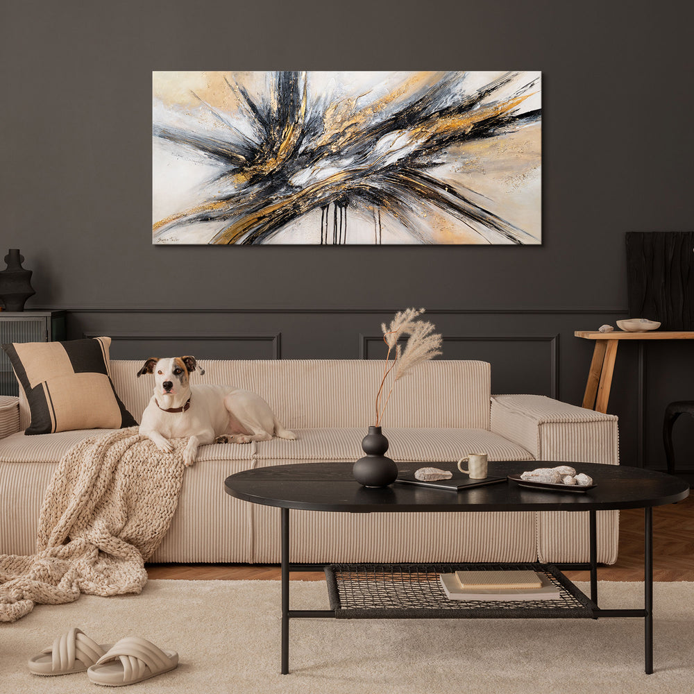 "Flow of Power" Acrylic Painting – Black and Gold Abstract Art and Texture Paintings 115x50cm