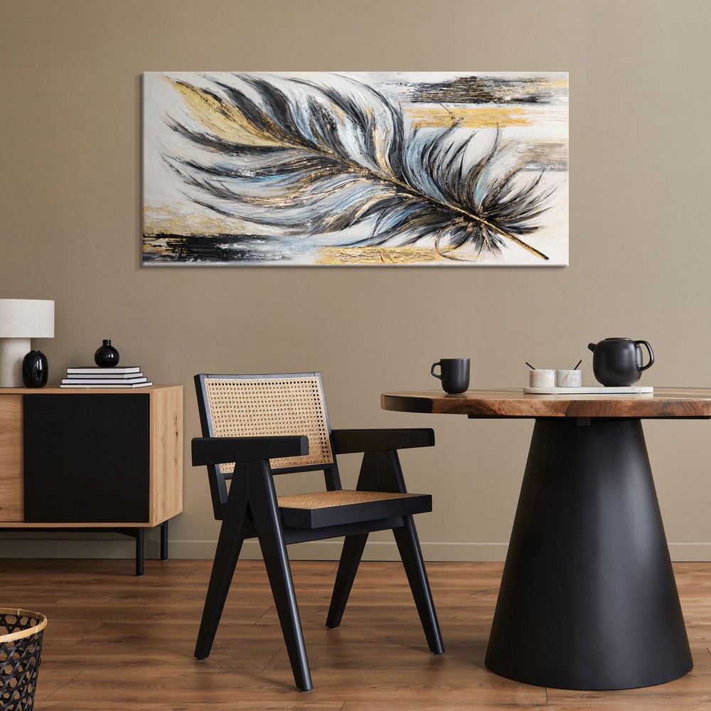 "Golden Feather" Acrylic Picture – Black Gold Art and Canvas Painting 115x50cm 