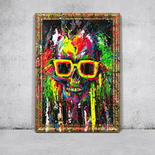 Original abstract painting with skull in frame for home decor "Neon Splashes"