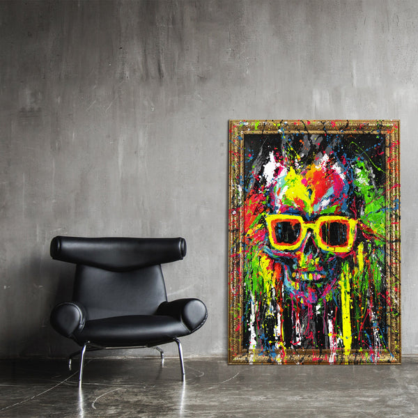 Original abstract painting with skull in frame for home decor "Neon Splashes"