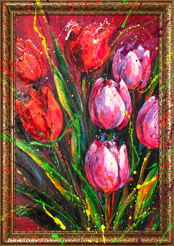 Flower Painting with Frame – Abstract Tulips on Canvas „Notes of Spring“