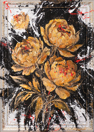Hand-Painted Acrylic Painting with Gold Flowers – Wall Art Decor „Velvety Shine“