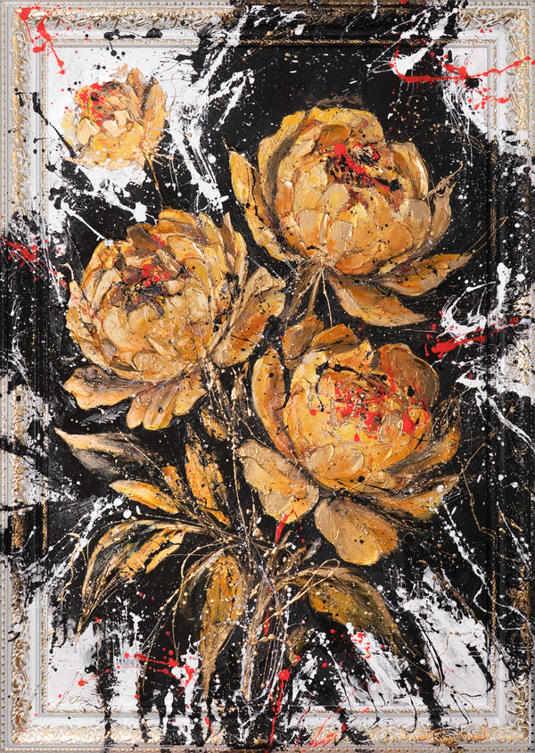 Hand-Painted Acrylic Painting with Gold Flowers – Wall Art Decor „Velvety Shine“