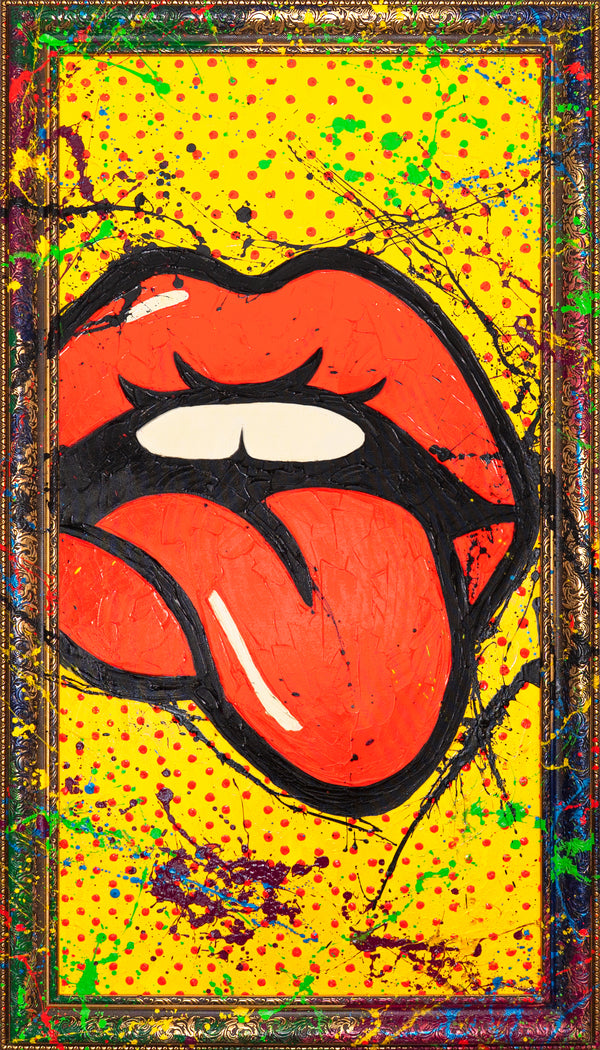 Hand-Painted Wall Art for Living Room – Abstract Art with Pop-Art Mouth „WOW“

