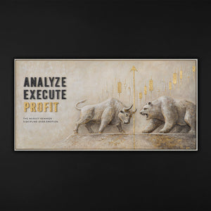 Analyze Execute Profit – handgemaltes Wandbild fürs Büro mit 3D-Relief, 140 × 70 cm