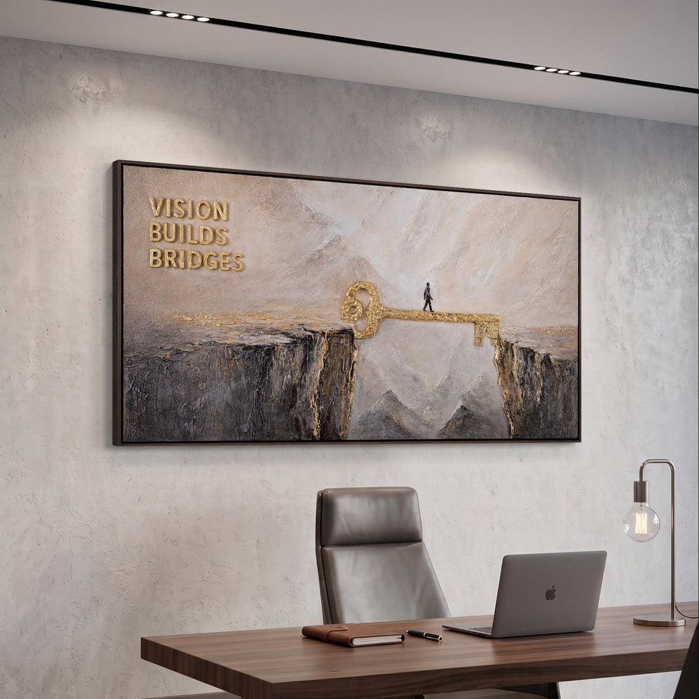 Vision Builds Bridges – Hand Painted 3D Wall Art with a Golden Key Bridge 55x28 inch