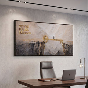 Vision Builds Bridges – Hand Painted 3D Wall Art with a Golden Key Bridge 55x28 inch