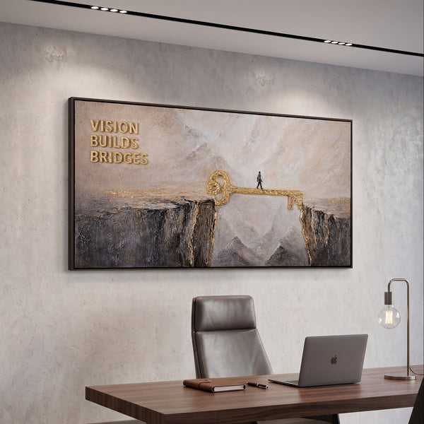 Vision Builds Bridges – Hand Painted 3D Wall Art with a Golden Key Bridge 55x28 inch