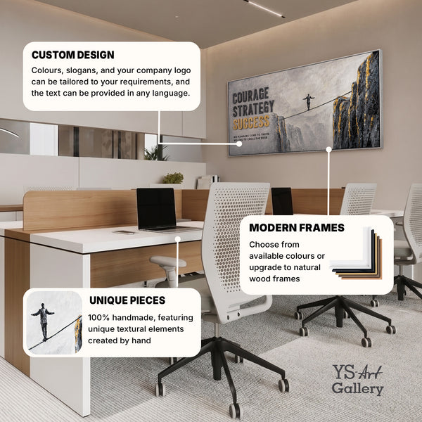 Courage Strategy – handgemaltes Motivationsbild fürs Büro mit 3D-Relief, 140 × 70 cm