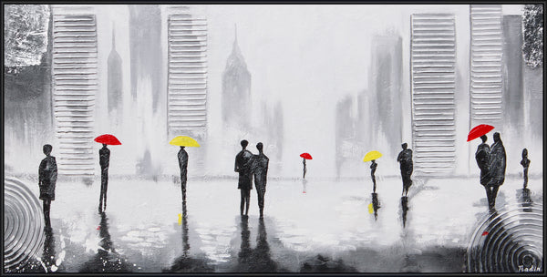 Abstract Hand-Painted Acrylic Art with Black Frame – People with Umbrellas in the City