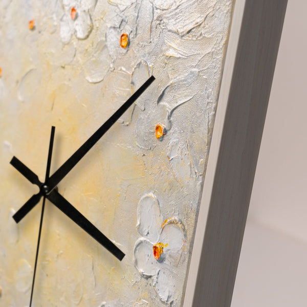 Unique Hand-Painted Wall Clock – White Flowers, Cream & Orange Centres, 35×35 cm