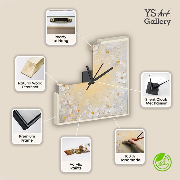 Unique Hand-Painted Wall Clock – White Flowers, Cream & Orange Centres, 35×35 cm