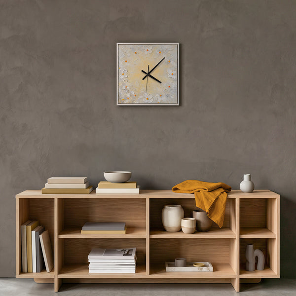Unique Hand-Painted Wall Clock – White Flowers, Cream & Orange Centres, 35×35 cm