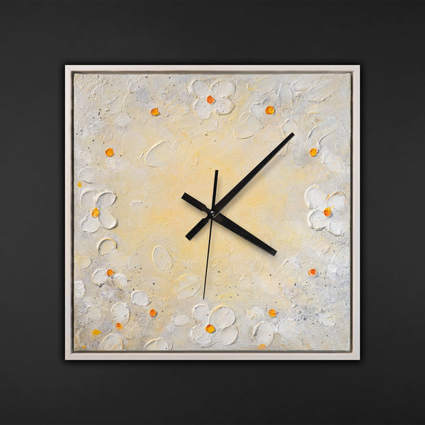 Unique Hand-Painted Wall Clock – White Flowers, Cream & Orange Centres, 35×35 cm