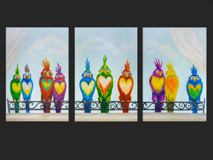 „Lustige Vögel“ – farbenfrohes Vogelbild als Triptychon