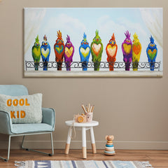 Large Animal Wall Art Panorama Canvas Framed – Colourful Birds Ensemble
