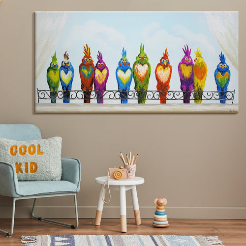 Large Animal Wall Art Panorama Canvas Framed – Colourful Birds Ensemble