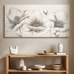 Large Wall Art Neutral Floral Canvas Framed Textured Wall Art – Ivory Bloom