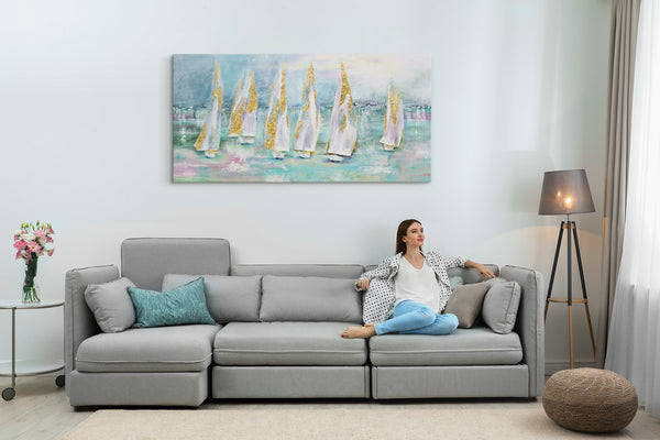 Abstract wall art for living room canvas painting "Sailboats"