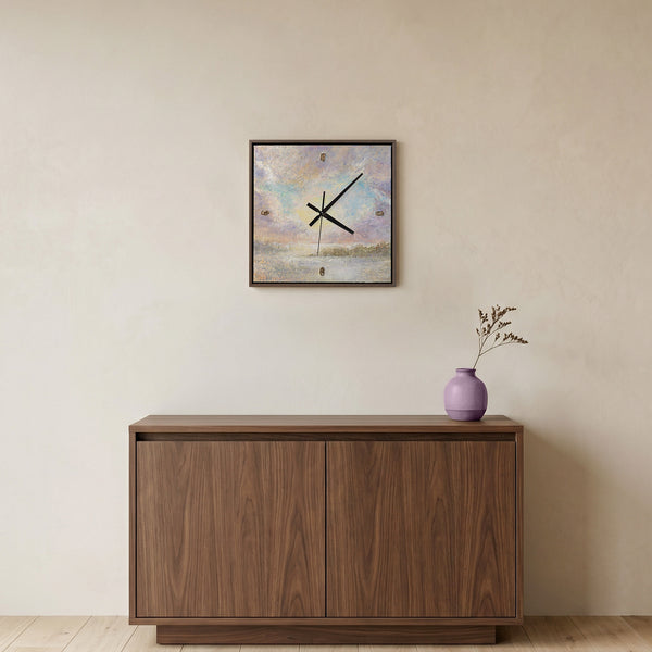 Unique Hand-Painted Wall Clock – Lavender & Pink Sunrise, Gold Markers, 35×35 cm