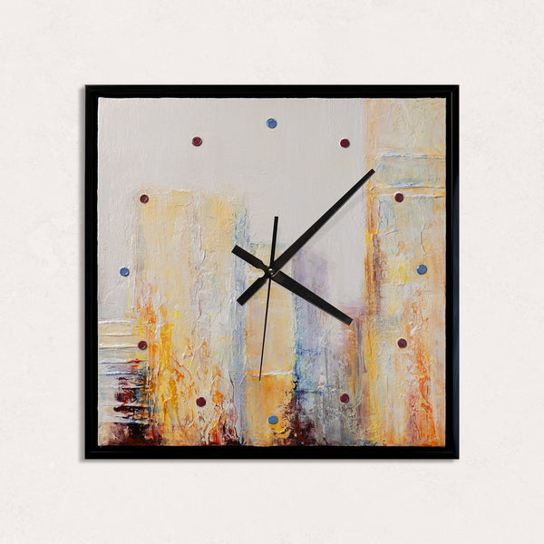Unique Hand-Painted Wall Clock – Urban Abstract, Ochre & Grey, Black Frame, 35×35 cm