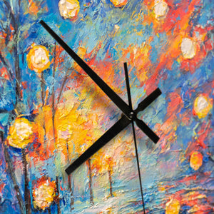Unique Hand-Painted Wall Clock – Night Lanterns, Blue & Orange Impasto, 35×35 cm