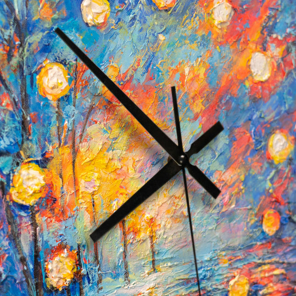 Unique Hand-Painted Wall Clock – Night Lanterns, Blue & Orange Impasto, 35×35 cm