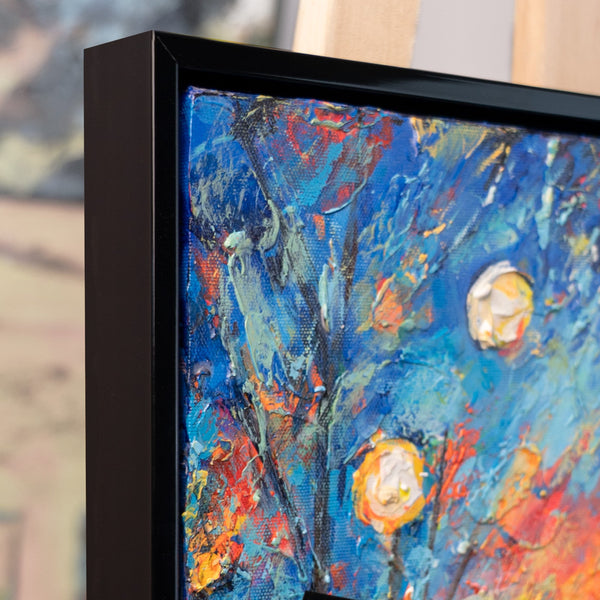 Unique Hand-Painted Wall Clock – Night Lanterns, Blue & Orange Impasto, 35×35 cm