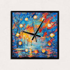 Unique Hand-Painted Wall Clock – Night Lanterns, Blue & Orange Impasto, 35×35 cm