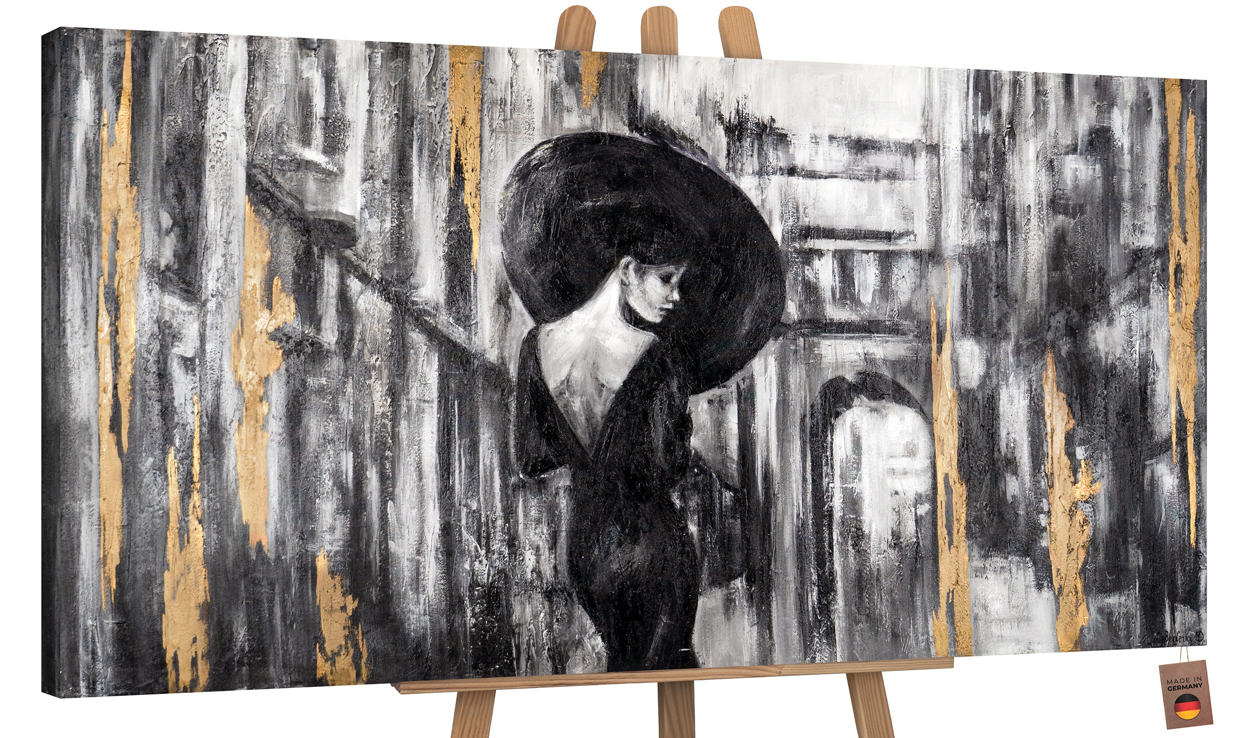YS-Art Quadro Acrilico Su Tela 'Incontro Piacevole' - Arte Astratta Con Figure Umane, 200x100 Cm, Toni Grigio