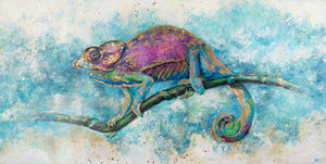 Canvas Wall Art with Exotic "Iguana" in Turquoise-Purple