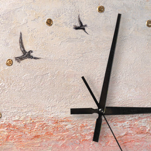 Unique Hand-Painted Wall Clock – Birds in Flight, Pink & Grey, Gold Markers, 35×35 cm