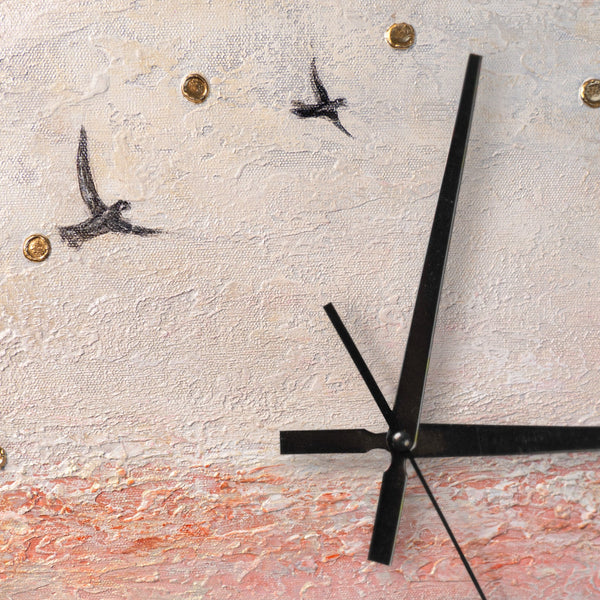 Unique Hand-Painted Wall Clock – Birds in Flight, Pink & Grey, Gold Markers, 35×35 cm