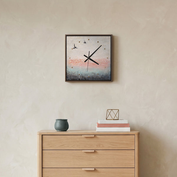 Unique Hand-Painted Wall Clock – Birds in Flight, Pink & Grey, Gold Markers, 35×35 cm