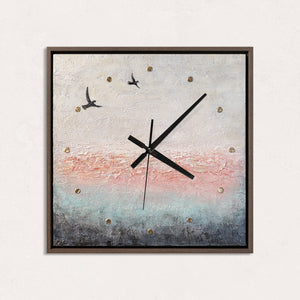 Unique Hand-Painted Wall Clock – Birds in Flight, Pink & Grey, Gold Markers, 35×35 cm