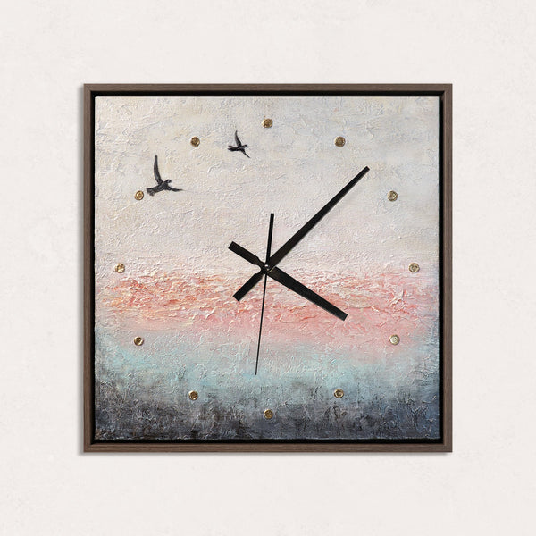 Unique Hand-Painted Wall Clock – Birds in Flight, Pink & Grey, Gold Markers, 35×35 cm