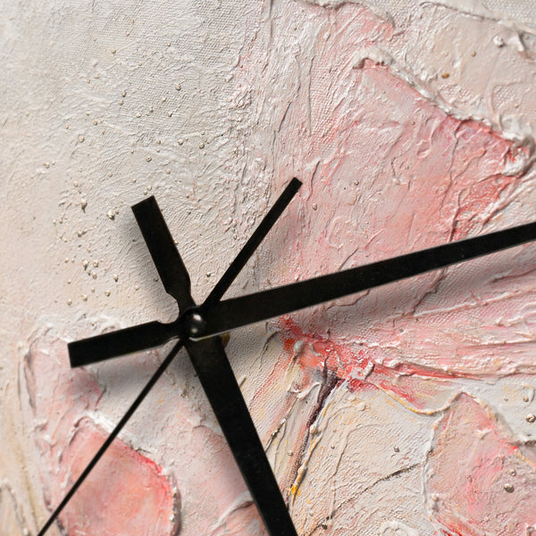 Unique Hand-Painted Wall Clock – Sculptural Pink Poppies, Silver Markers, 35×35 cm