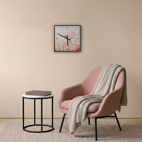 Unique Hand-Painted Wall Clock – Sculptural Pink Poppies, Silver Markers, 35×35 cm