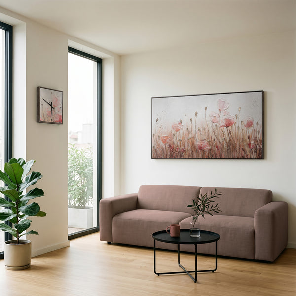Unique Hand-Painted Wall Clock – Sculptural Pink Poppies, Silver Markers, 35×35 cm